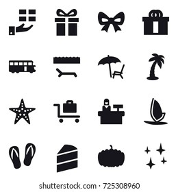 16 vector icon set : gift, bow, bus, lounger, palm, starfish, baggage trolley, reception, windsurfing, flip-flops, pumpkin, shining