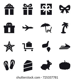 16 vector icon set : gift, bow, plane, lounger, palm, starfish, baggage trolley, golf, jet ski, flip-flops, rabbit, pumpkin