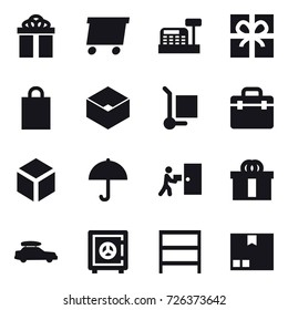 16 vector icon set : gift, delivery, cashbox, shopping bag, box, cargo stoller, 3d, car baggage, safe, rack, package