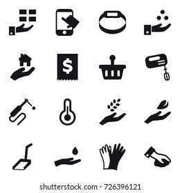 16 vector icon set : gift, touch, smart bracelet, chamical industry, real estate, mixer, harvest, hand leaf, scoop, hand and drop, gloves, wiping