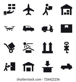 16 vector icon set : gift, plane, courier, warehouse, drone, pickup