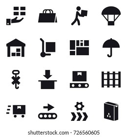 16 vector icon set : gift, shopping bag, courier, parachute, warehouse, cargo stoller