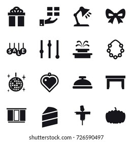 16 vector icon set : gift, table lamp, bow, sale, equalizer, fountain, hawaiian wreath, disco ball, heart pendant, service bell, table, wardrobe, scarecrow, pumpkin