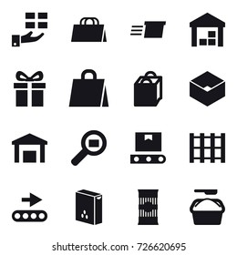 16 vector icon set : gift, shopping bag, delivery, warehouse, box, washing powder