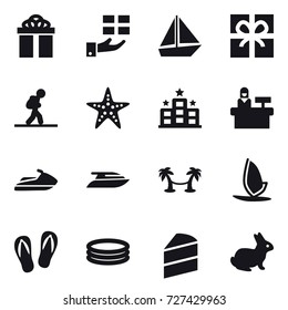 16 vector icon set : gift, boat, tourist, starfish, hotel, reception, jet ski, yacht, palm hammock, windsurfing, flip-flops, inflatable pool, rabbit