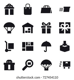 16 vector icon set : gift, shopping bag, delivery, parachute, warehouse, cargo stoller