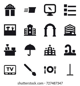 16 vector icon set : gift, delivery, monitor arrow, list, tools, building, arch, hotel, water tap, tv, big spoon, rake