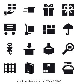 16 vector icon set : gift, delivery, cargo stoller, package, washing powder