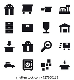 16 vector icon set : gift, delivery, cashbox, car baggage, safe, package