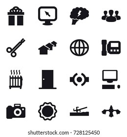 16 vector icon set : gift, monitor arrow, brain, group, houses, globe, intercome, radiator, door, soil cutter, hard reach place cleaning
