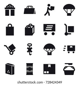 16 vector icon set : gift, shopping bag, courier, parachute, delivery, cargo stoller, package, washing powder
