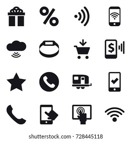 16 vector icon set : gift, percent, wireless, phone wireless, cloud wireless, smart bracelet, add to cart, mobile pay, star, phone, trailer, mobile checking
