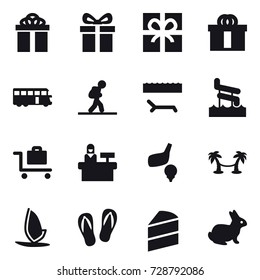 16 vector icon set : gift, bus, tourist, lounger, aquapark, baggage trolley, reception, golf, palm hammock, windsurfing, flip-flops, rabbit