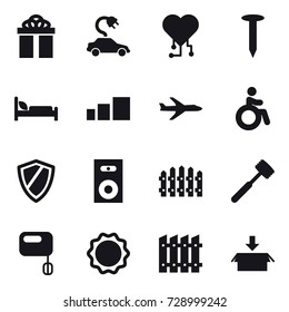 16 vector icon set : gift, electric car, cardio chip, nail, plane, invalid, shield, speaker, fence, meat hammer, package