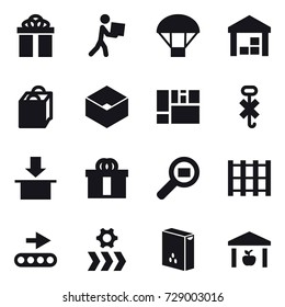 16 vector icon set : gift, courier, parachute, warehouse, shopping bag, box