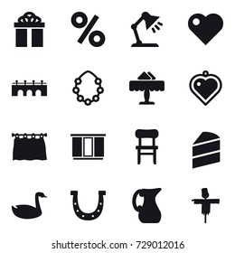 16 vector icon set : gift, percent, table lamp, heart, bridge, hawaiian wreath, restaurant, heart pendant, curtain, wardrobe, chair, goose, horseshoe, jug, scarecrow