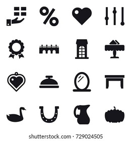 16 vector icon set : gift, percent, heart, equalizer, medal, bridge, building, restaurant, heart pendant, service bell, mirror, table, goose, horseshoe, jug, pumpkin