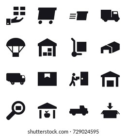 16 vector icon set : gift, delivery, truck, parachute, warehouse, cargo stoller, pickup, package