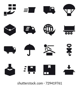 16 vector icon set : gift, delivery, truck, parachute, box, package