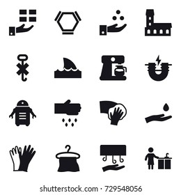 16 vector icon set : gift, hex molecule, chamical industry, mansion, shark flipper, coffee maker, sow, wiping, hand and drop, gloves, hanger, hand dryer, kitchen cleaning