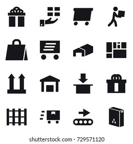 16 vector icon set : gift, delivery, courier, shopping bag, warehouse