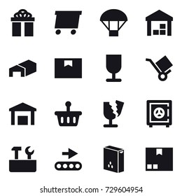 16 vector icon set : gift, delivery, parachute, warehouse, safe, repair tools, package