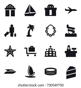 16 vector icon set : gift, boat, plane, passenger, palm, hawaiian wreath, aquapark, starfish, baggage trolley, hotel, reception, yacht, windsurfing, inflatable pool