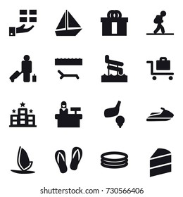 16 vector icon set : gift, boat, tourist, passenger, lounger, aquapark, baggage trolley, hotel, reception, golf, jet ski, windsurfing, flip-flops, inflatable pool