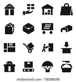 16 vector icon set : gift, warehouse, shopping bag, box, delivery, washing powder