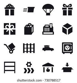 16 vector icon set : gift, delivery, parachute, shopping bag, cashbox, 3d, car baggage, safe, rack, warehouse, package