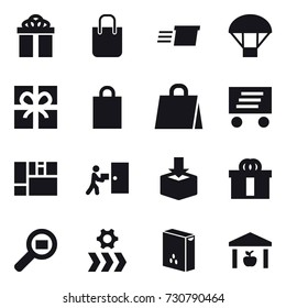 16 vector icon set : gift, shopping bag, delivery, parachute, warehouse