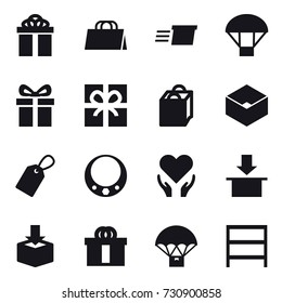 16 vector icon set : gift, shopping bag, delivery, parachute, box, label, necklace, rack