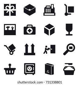 16 vector icon set : gift, box, cashbox, cargo stoller, tools, 3d, safe, washing powder