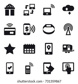 16 vector icon set : gift, notebook connect, notebook wireless, cloude service, tap to pay, phone pay, smart bracelet, antenna, star, trailer, mobile checking