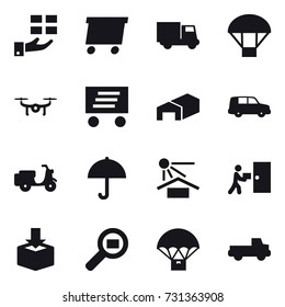 16 vector icon set : gift, delivery, truck, parachute, drone, warehouse, pickup