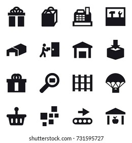 16 vector icon set : gift, shopping bag, cashbox, tools, warehouse