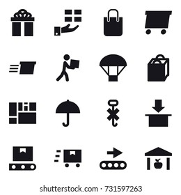 16 vector icon set : gift, shopping bag, delivery, courier, parachute, warehouse