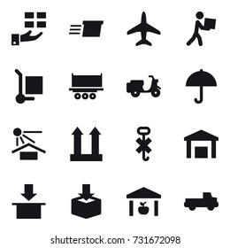 16 vector icon set : gift, delivery, plane, courier, cargo stoller, warehouse, pickup