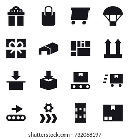16 vector icon set : gift, shopping bag, delivery, parachute, warehouse, package