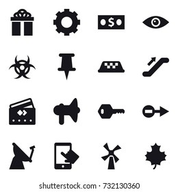 16 vector icon set : gift, gear, money, taxi, escalator, credit card, loudspeaker, key, windmill, maple leaf