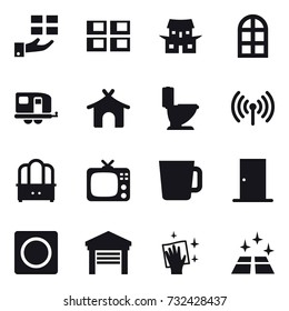 16 vector icon set : gift, panel house, japanese house, arch window, trailer, bungalow, toilet, wireless, dresser, tv, cup, door, ring button, garage, wiping, clean floor
