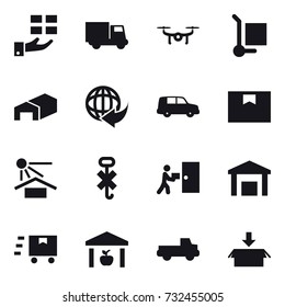 16 vector icon set : gift, truck, drone, cargo stoller, warehouse, pickup, package