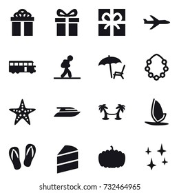 16 vector icon set : gift, plane, bus, tourist, lounger, hawaiian wreath, starfish, yacht, palm hammock, windsurfing, flip-flops, pumpkin, shining