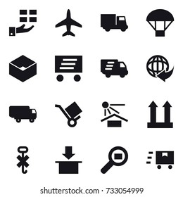 16 vector icon set : gift, plane, truck, parachute, box, delivery