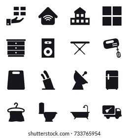 16 vector icon set : gift, wireless home, cottage, window, chest of drawers, speaker, iron board, mixer, cutting board, stands for knives, satellite antenna, hanger, toilet, bath, home call cleaning