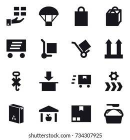 16 vector icon set : gift, parachute, shopping bag, delivery, cargo stoller, warehouse, package, washing powder