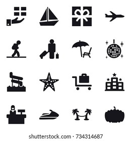 16 vector icon set : gift, boat, plane, tourist, passenger, lounger, disco ball, aquapark, starfish, baggage trolley, hotel, reception, jet ski, palm hammock, pumpkin