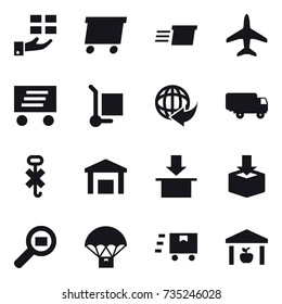 16 vector icon set : gift, delivery, plane, cargo stoller, warehouse