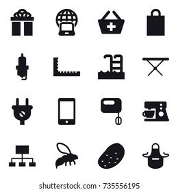 16 vector icon set : gift, notebook globe, add to basket, shopping bag, spark plug, ruler, pool, iron board, hierarchy, wasp, potato, apron