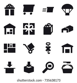 16 vector icon set : gift, delivery, parachute, warehouse, shopping bag, washing powder
